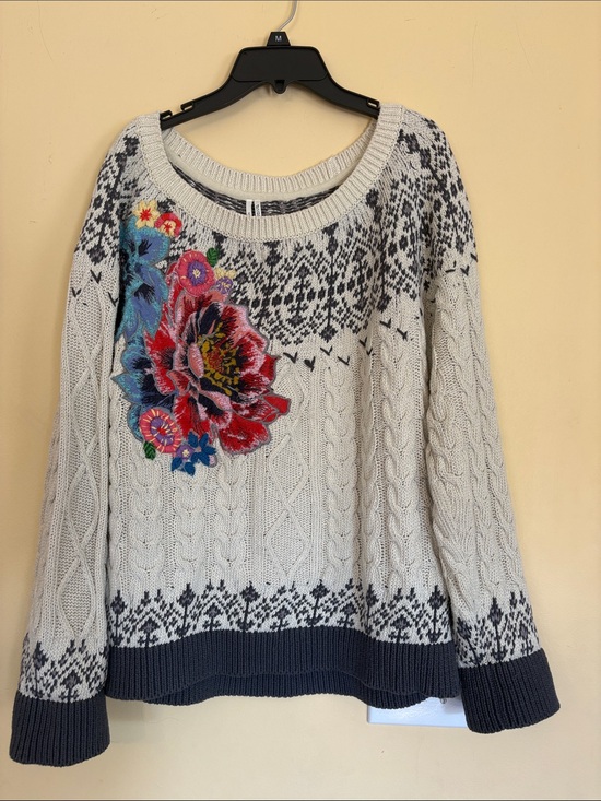 Anthropologie Sweaters - Anthropologie Cream Cable-Knit Sweater with Multicolor Floral Embroidery